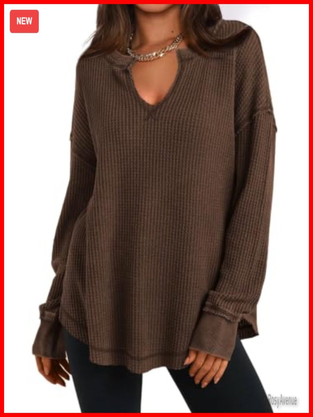 Waffle Knit Long Sleeve Tunic Top V Neck Loose Fit Dressy Casual